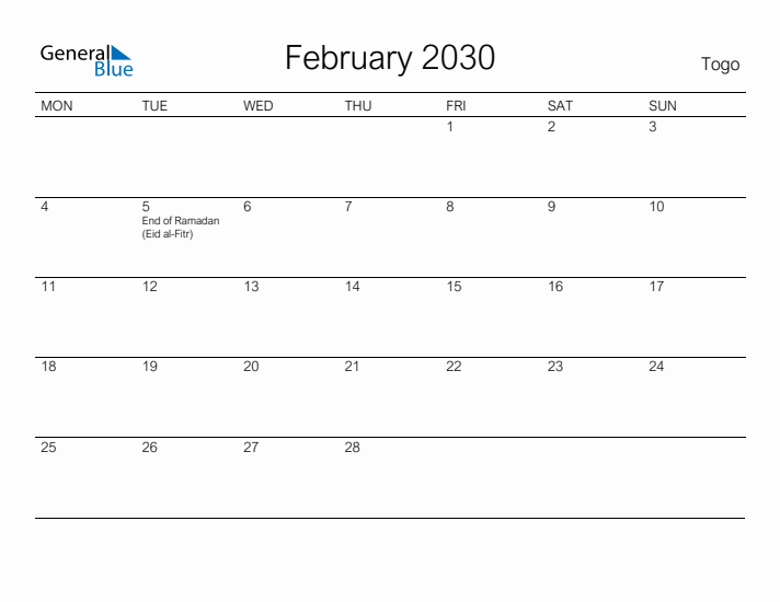 Printable February 2030 Calendar for Togo