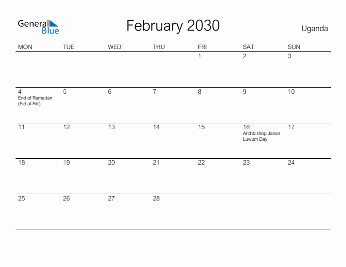 Printable February 2030 Calendar for Uganda