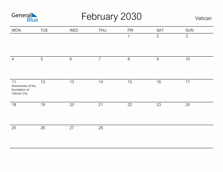 Printable February 2030 Calendar for Vatican