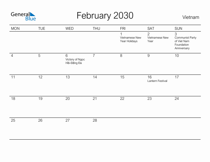 Printable February 2030 Calendar for Vietnam