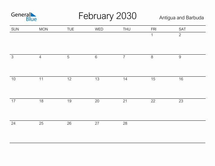 Printable February 2030 Calendar for Antigua and Barbuda