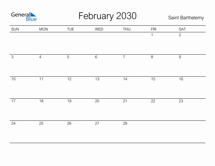 Printable February 2030 Calendar for Saint Barthelemy
