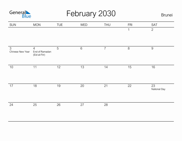 Printable February 2030 Calendar for Brunei