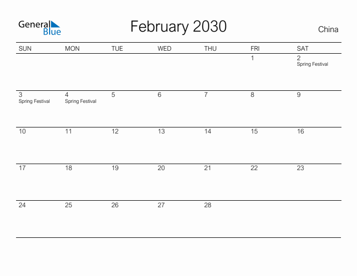 Printable February 2030 Calendar for China