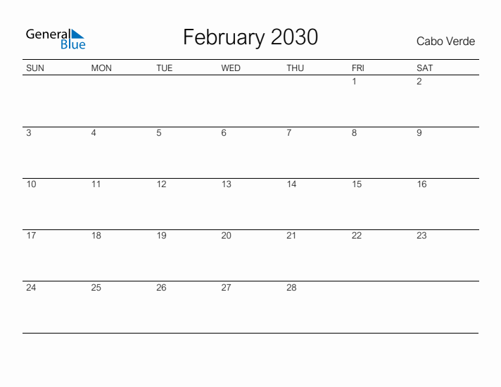 Printable February 2030 Calendar for Cabo Verde