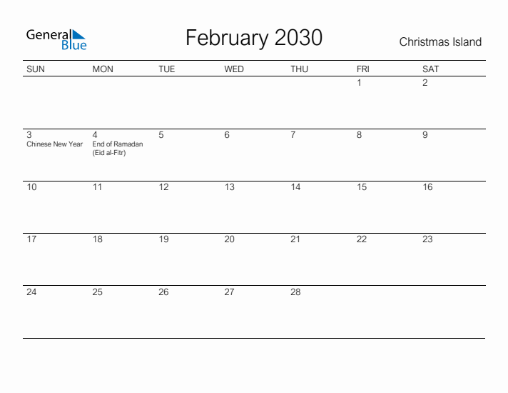 Printable February 2030 Calendar for Christmas Island