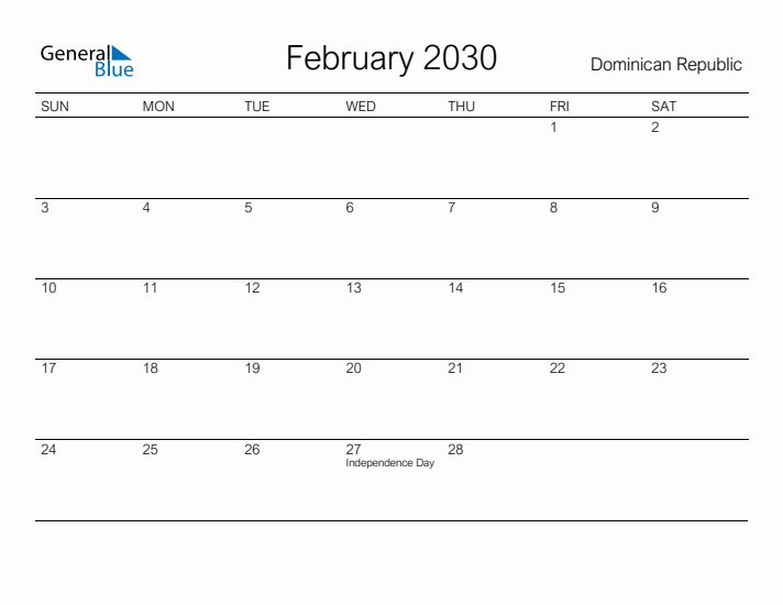 Printable February 2030 Calendar for Dominican Republic