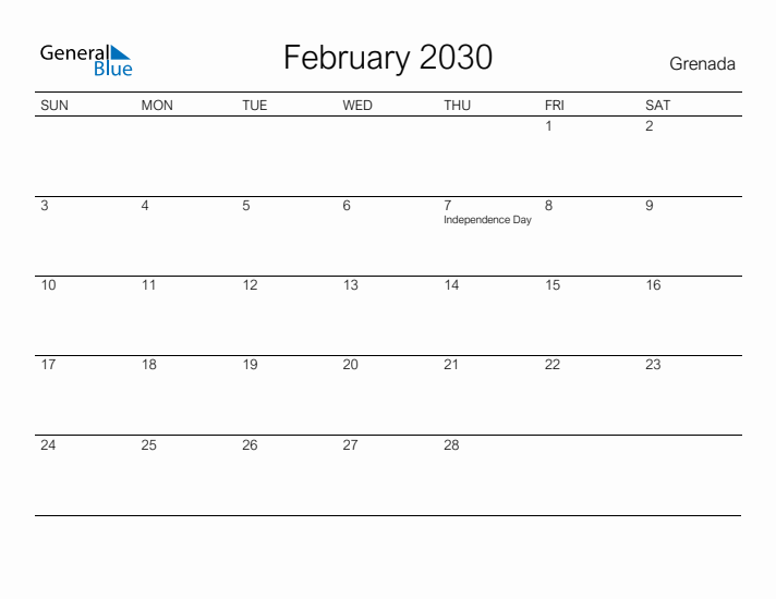 Printable February 2030 Calendar for Grenada