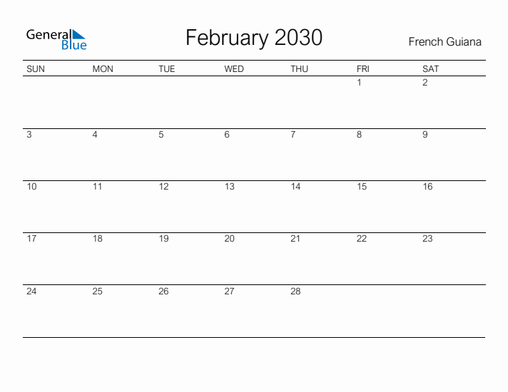 Printable February 2030 Calendar for French Guiana