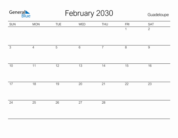 Printable February 2030 Calendar for Guadeloupe