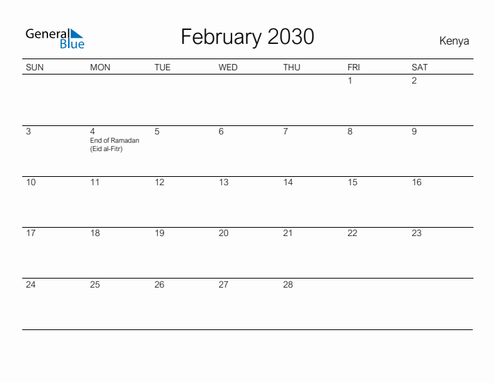 Printable February 2030 Calendar for Kenya