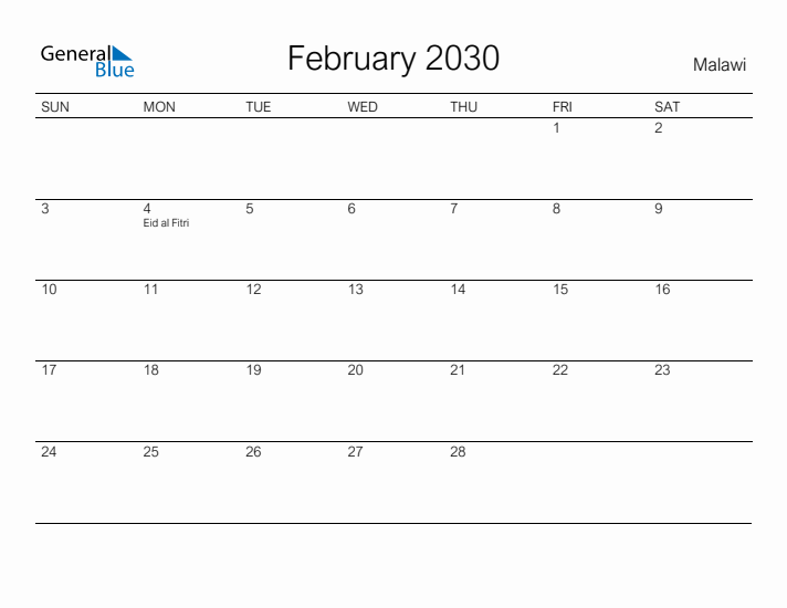 Printable February 2030 Calendar for Malawi