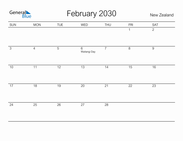 Printable February 2030 Calendar for New Zealand