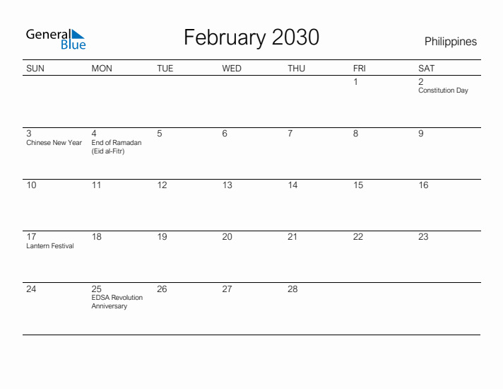 Printable February 2030 Calendar for Philippines
