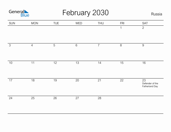 Printable February 2030 Calendar for Russia