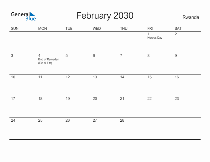 Printable February 2030 Calendar for Rwanda