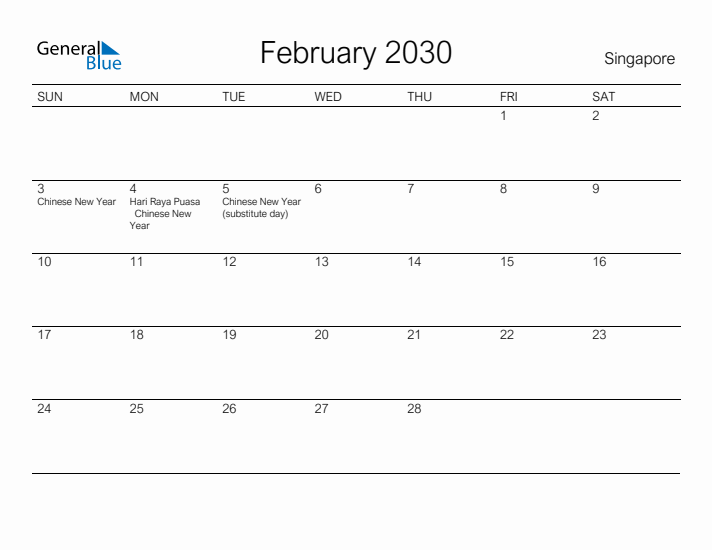 Printable February 2030 Calendar for Singapore