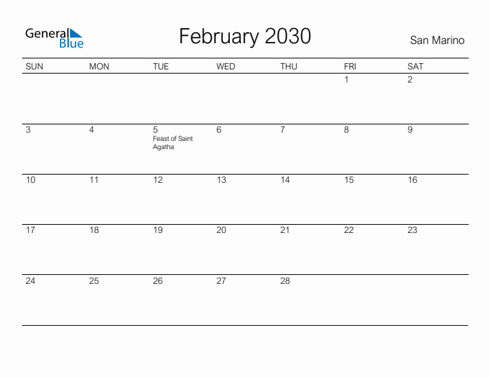 Printable February 2030 Calendar for San Marino