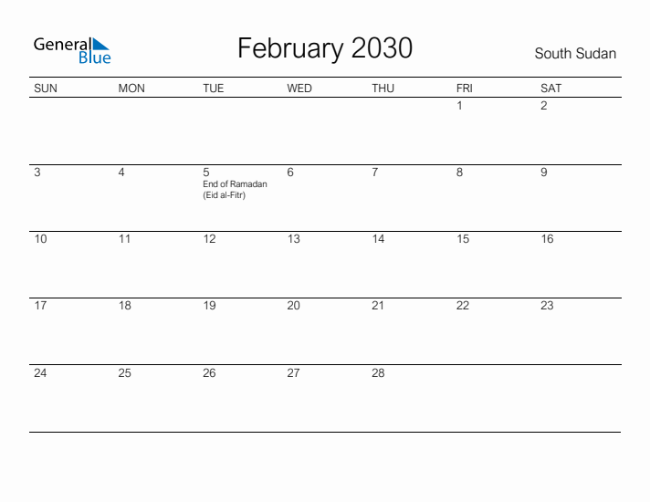 Printable February 2030 Calendar for South Sudan