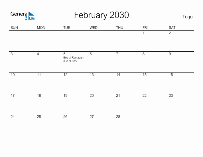 Printable February 2030 Calendar for Togo