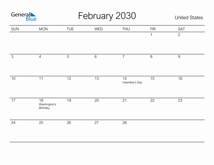 Printable February 2030 Calendar for United States