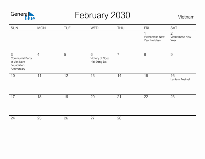 Printable February 2030 Calendar for Vietnam