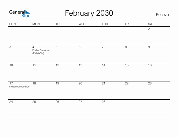 Printable February 2030 Calendar for Kosovo