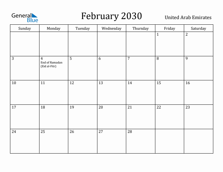 February 2030 Calendar United Arab Emirates