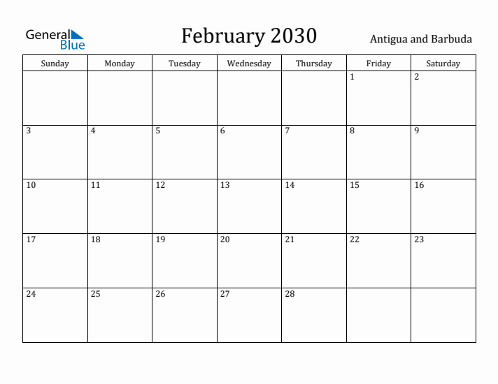 February 2030 Calendar Antigua and Barbuda