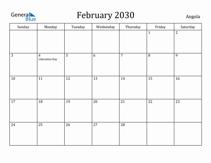 February 2030 Calendar Angola