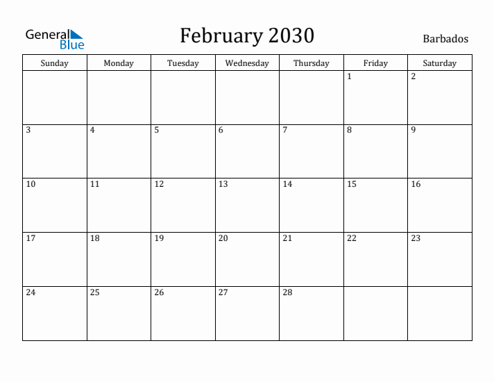 February 2030 Calendar Barbados