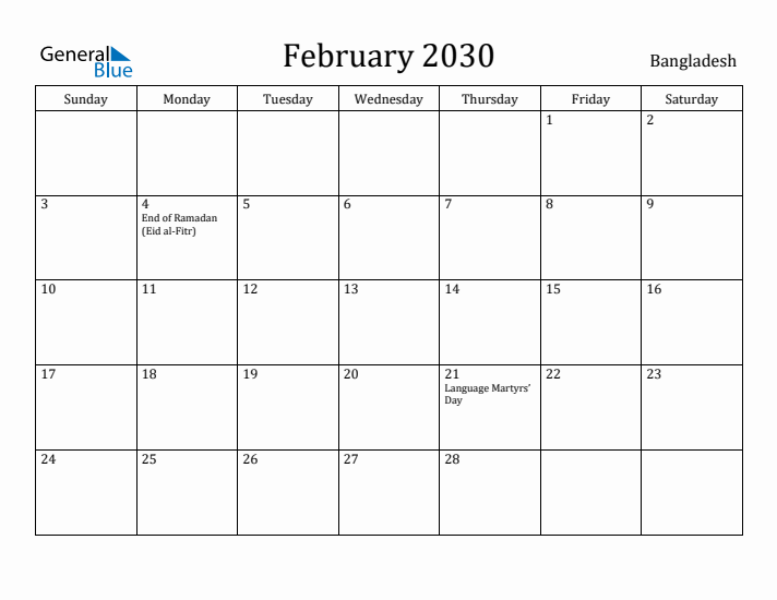 February 2030 Calendar Bangladesh