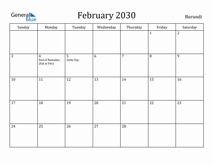 February 2030 Calendar Burundi