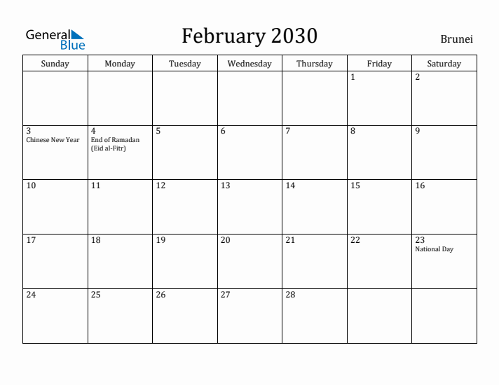 February 2030 Calendar Brunei