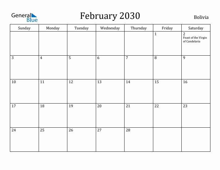 February 2030 Calendar Bolivia