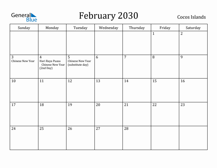 February 2030 Calendar Cocos Islands