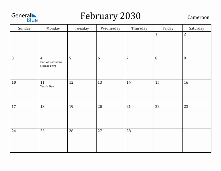 February 2030 Calendar Cameroon
