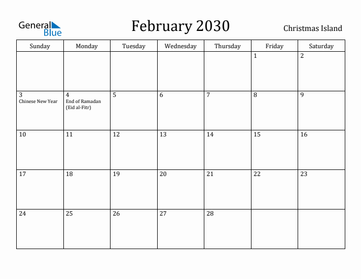 February 2030 Calendar Christmas Island