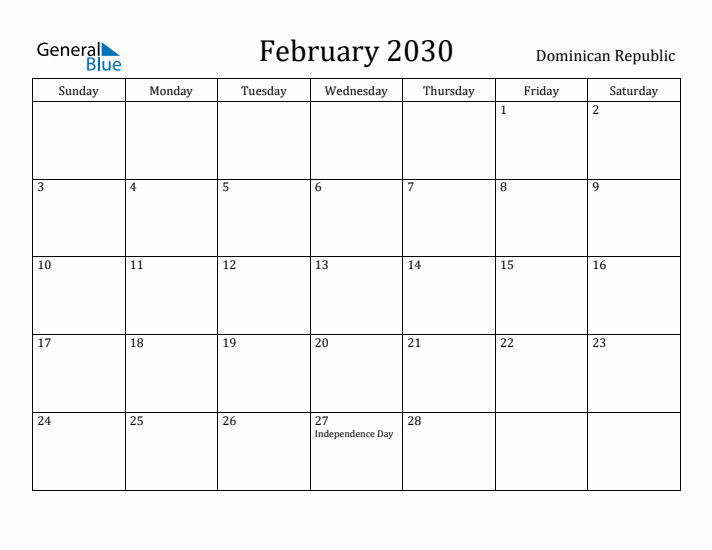 February 2030 Calendar Dominican Republic