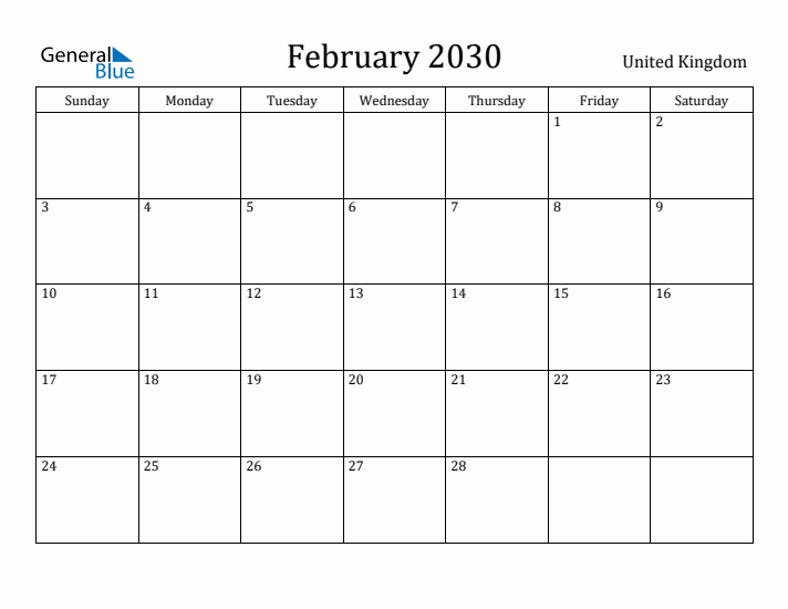 February 2030 Calendar United Kingdom