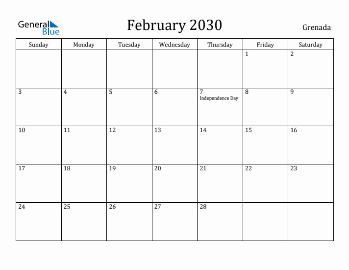 February 2030 Calendar Grenada