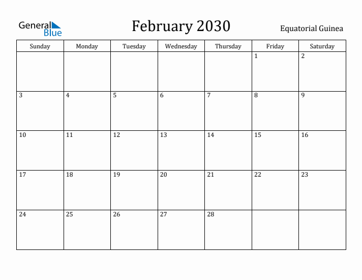 February 2030 Calendar Equatorial Guinea