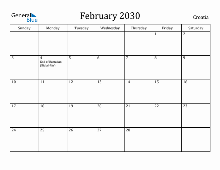 February 2030 Calendar Croatia