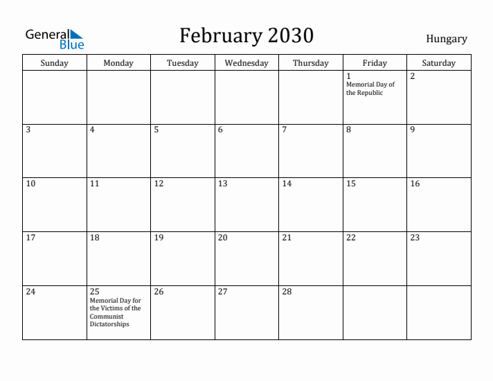February 2030 Calendar Hungary