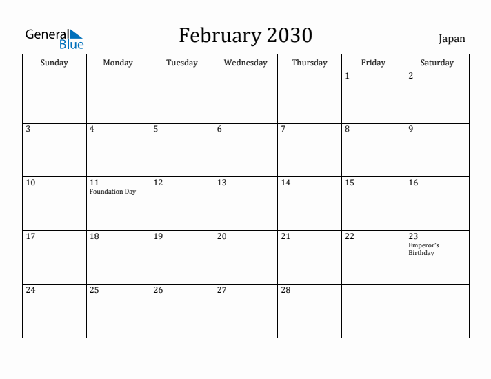 February 2030 Calendar Japan
