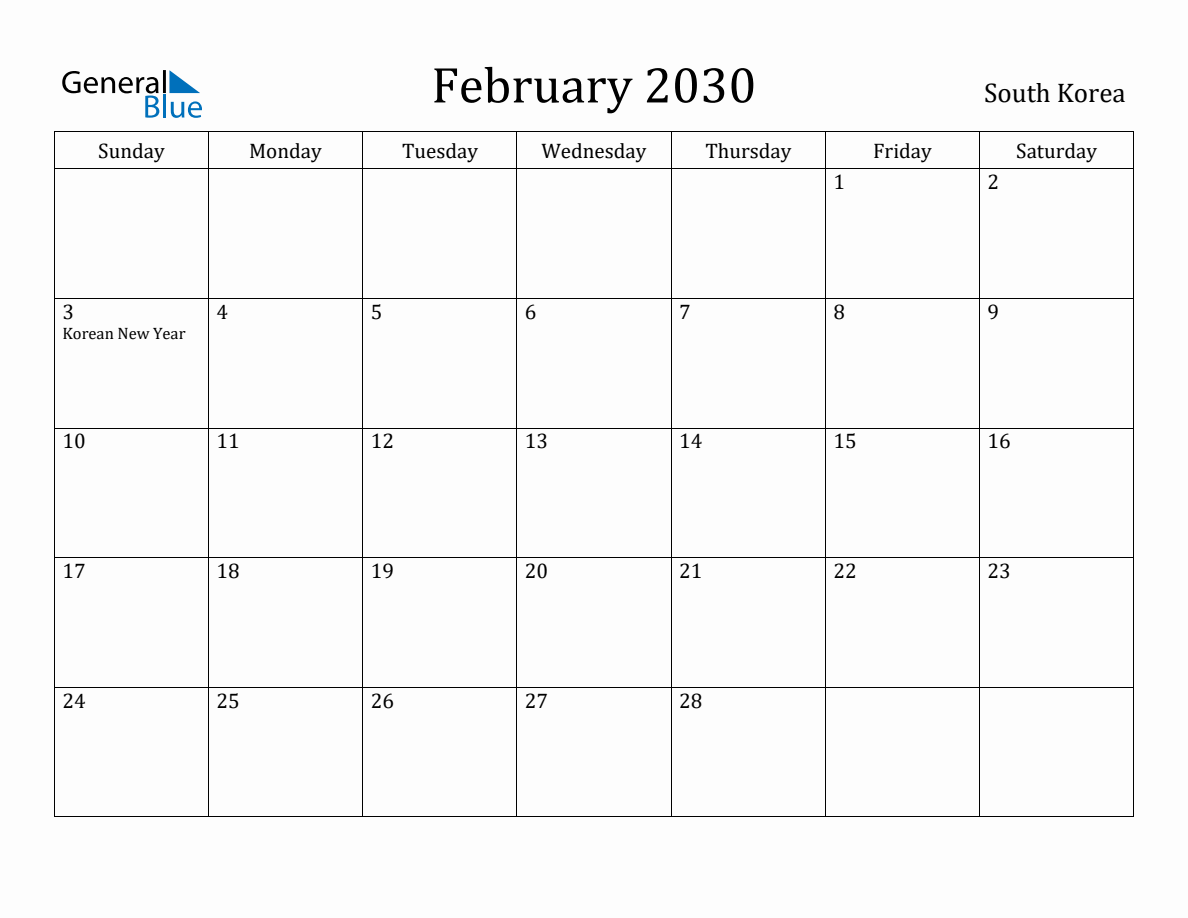 February 2030 Monthly Calendar with South Korea Holidays