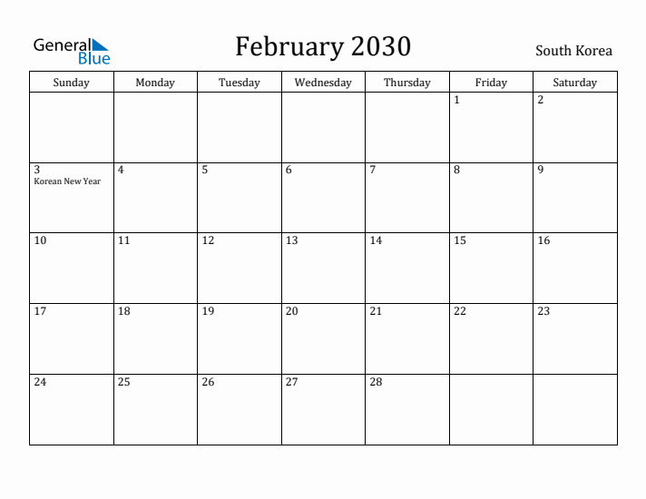 February 2030 Calendar South Korea
