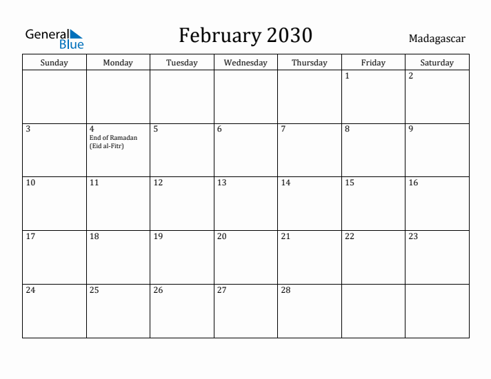 February 2030 Calendar Madagascar