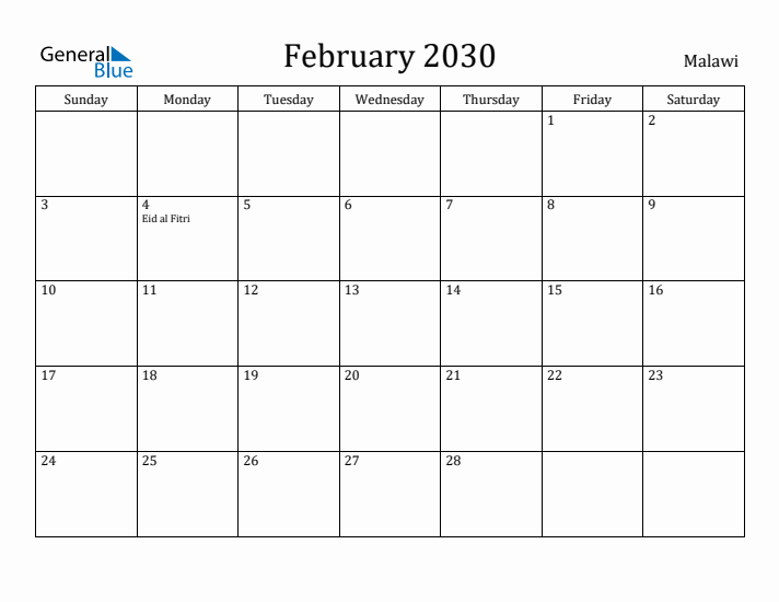 February 2030 Calendar Malawi