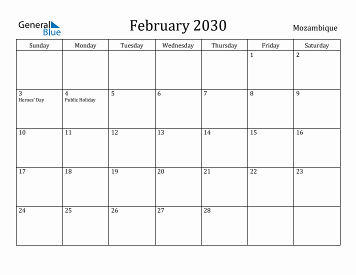 February 2030 Calendar Mozambique
